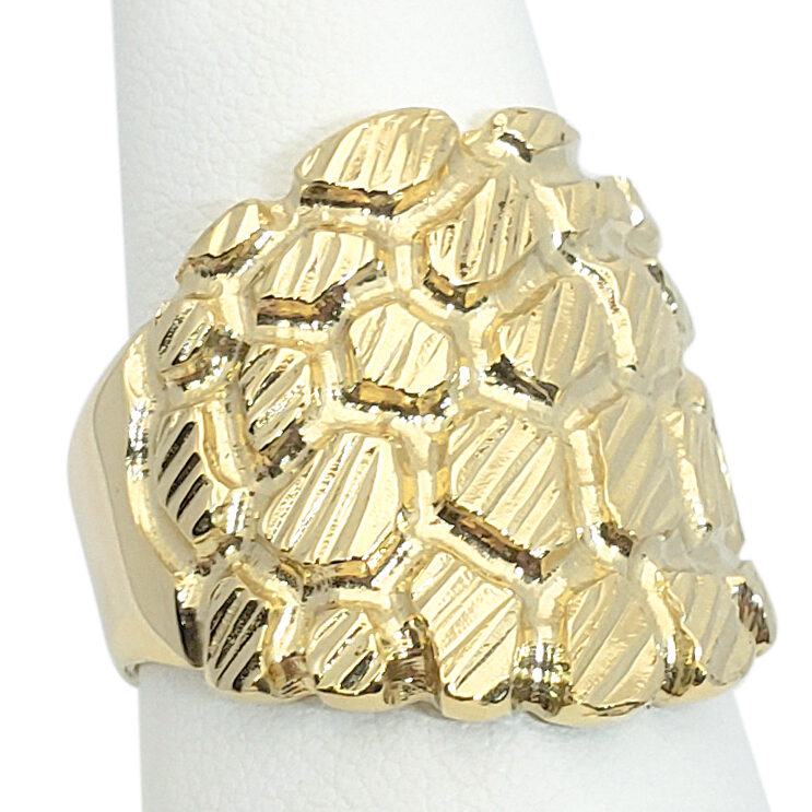 Solid 18K Yellow Gold Mens Nugget Ring Big Gold Nugget Ring Diamond Cut Heavy, Size 5 - 15 XXL