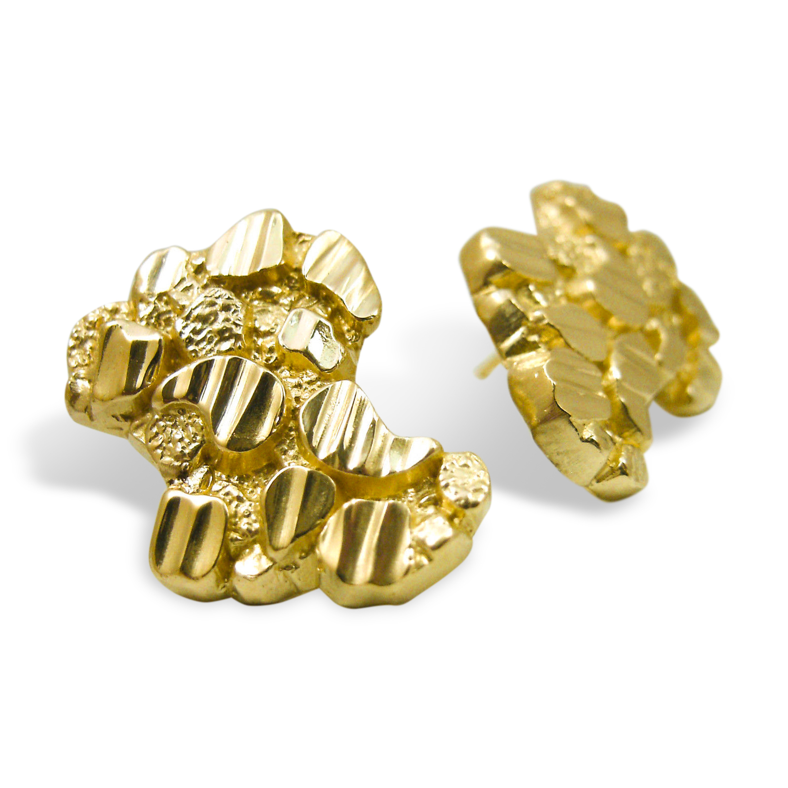 Solid 18K Yellow Gold Thick Earrings Diamond Cut Mens Nugget Earrings