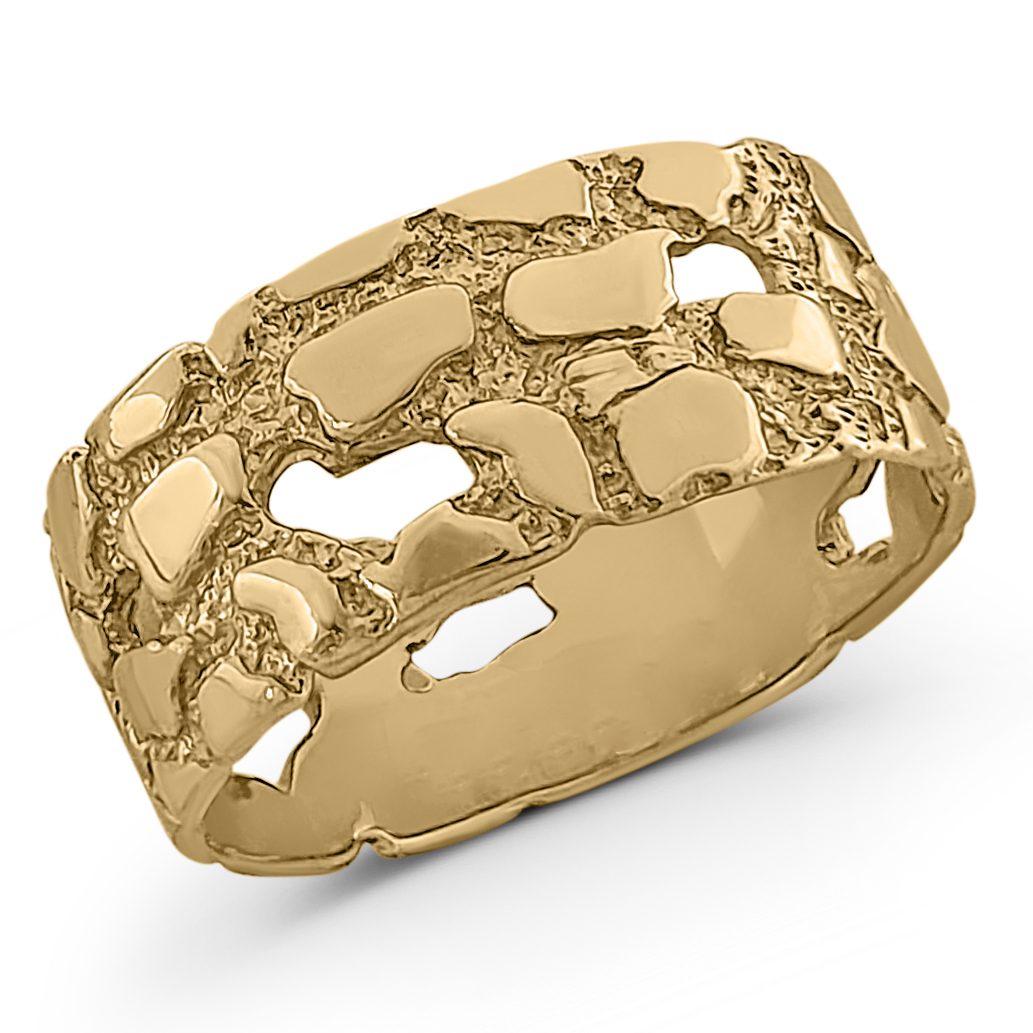 14K Yellow Gold Mens Nugget Band, 9mm Real Gold Nugget Ring, Size 5 - 15