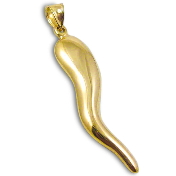 10K Yellow Gold Italian Horn Pendant Cornicello Pendant with Flat Back 1-5/16"