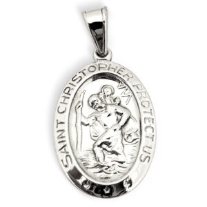 Solid 14K White Gold St. Christopher Medal Pendant, 3/4", Catholic Saint