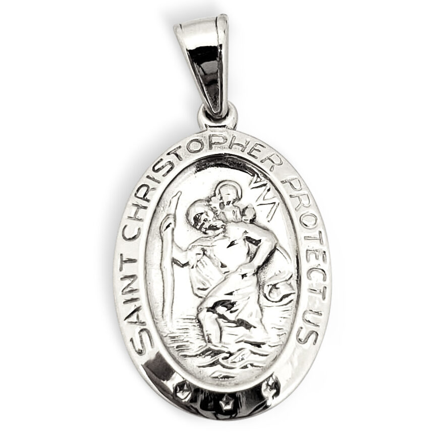 Solid 14K White Gold St. Christopher Medal Pendant, 3/4", Catholic Saint