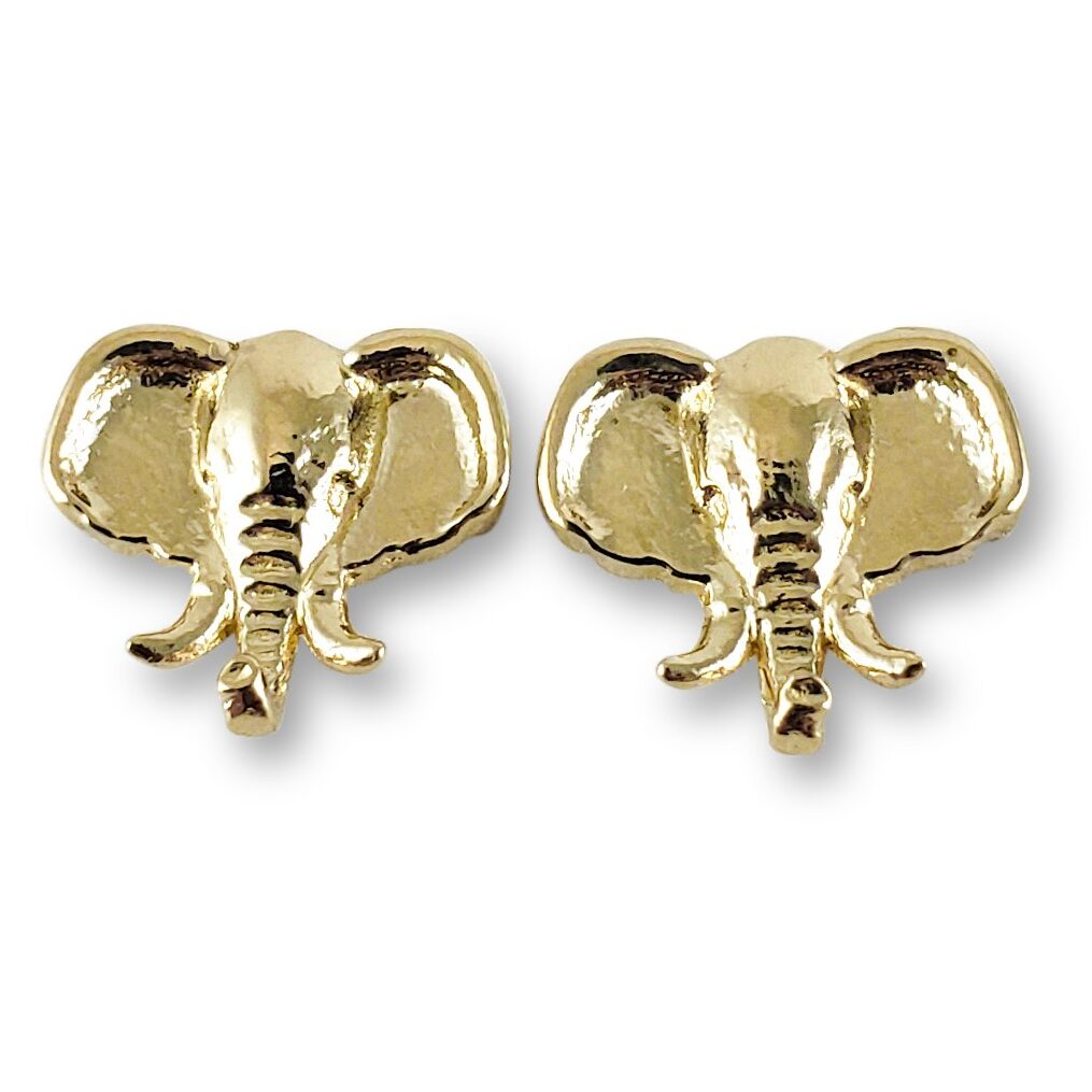 Solid 14K Yellow Gold Stud Earrings Elephant Jewelry Head Design, 12mm