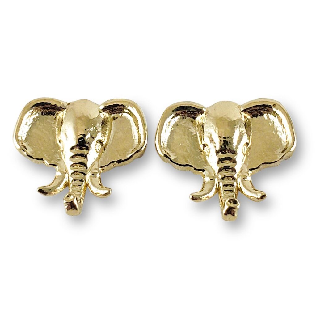 Solid 10K Yellow Gold Stud Earrings Elephant Jewelry Head Design, 12mm, 2.1 grams