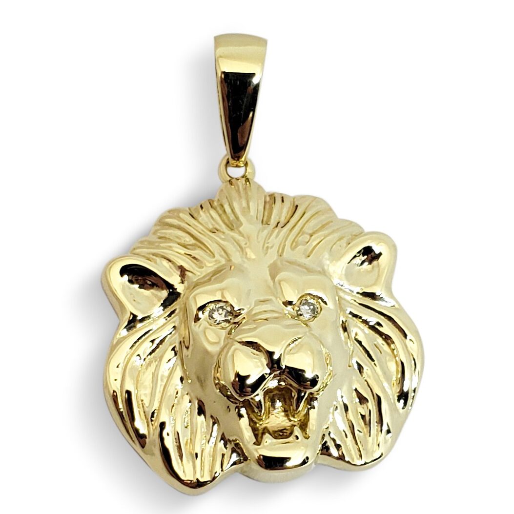 Solid 14K Yellow Gold Mens Lion Pendant Lion Medal Diamond Eyes 24mm