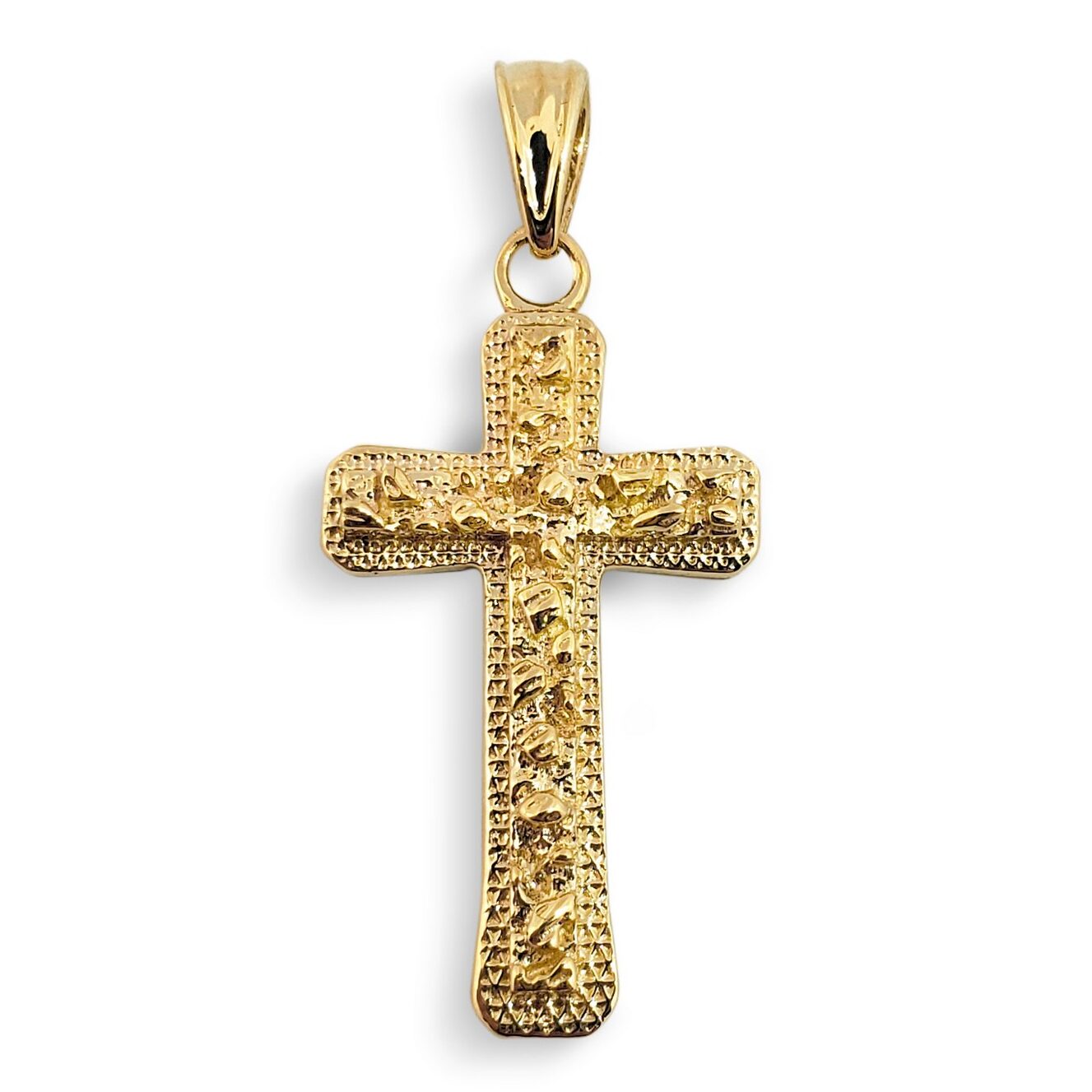 Solid 18K Yellow Gold Cross Medal Small Gold Nugget Cross Pendant, 7/8", 2.4 grams