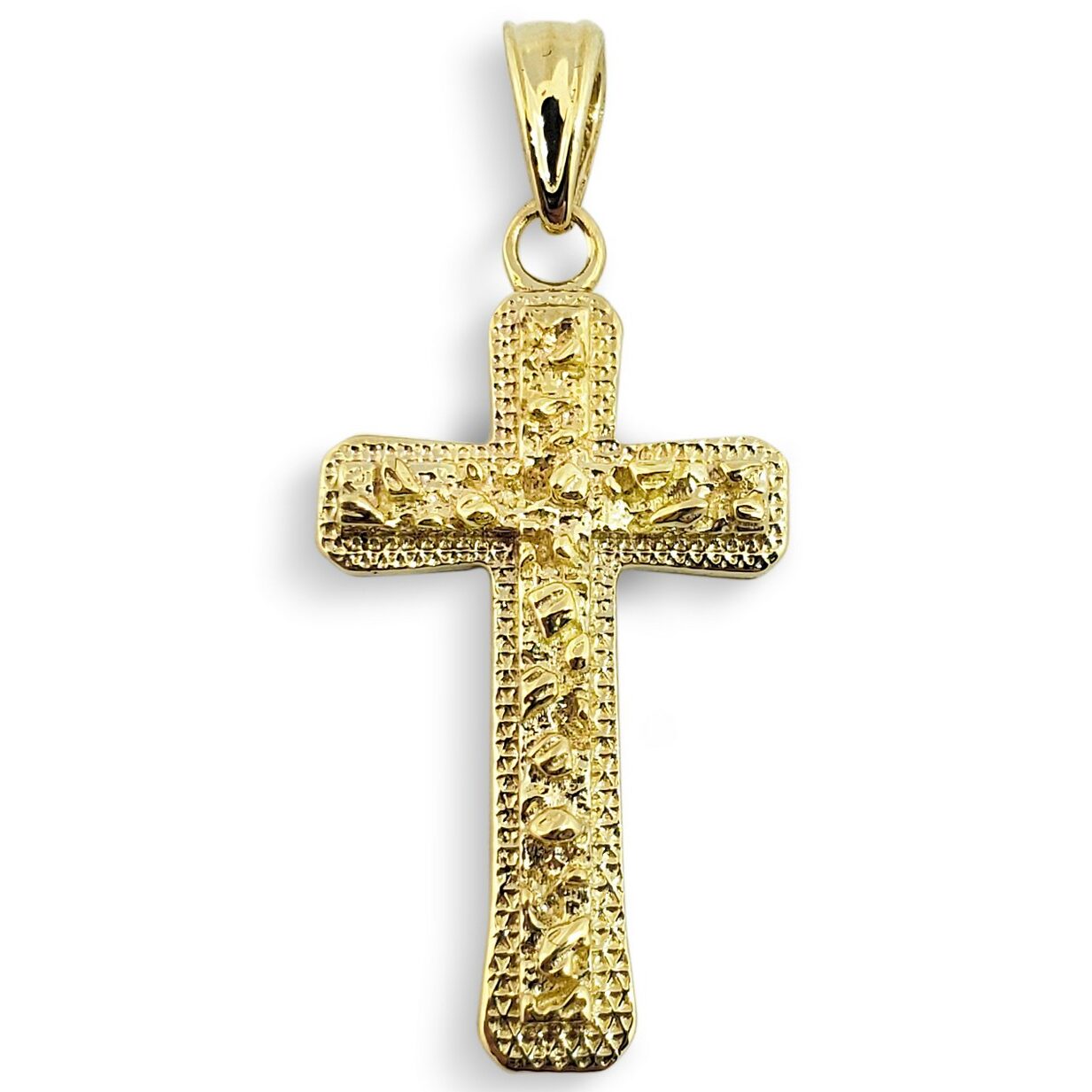 Solid 14K Yellow Gold Cross Medal Small Gold Nugget Cross Pendant, 7/8" 2.1 grams