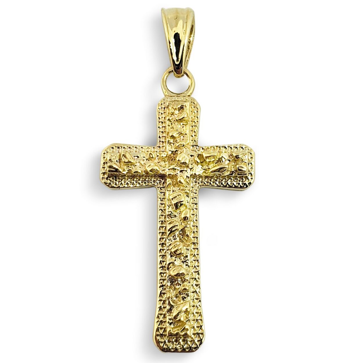 Solid 10K Yellow Gold Cross Medal Small Gold Nugget Cross Pendant, 7/8" 1.9 grams