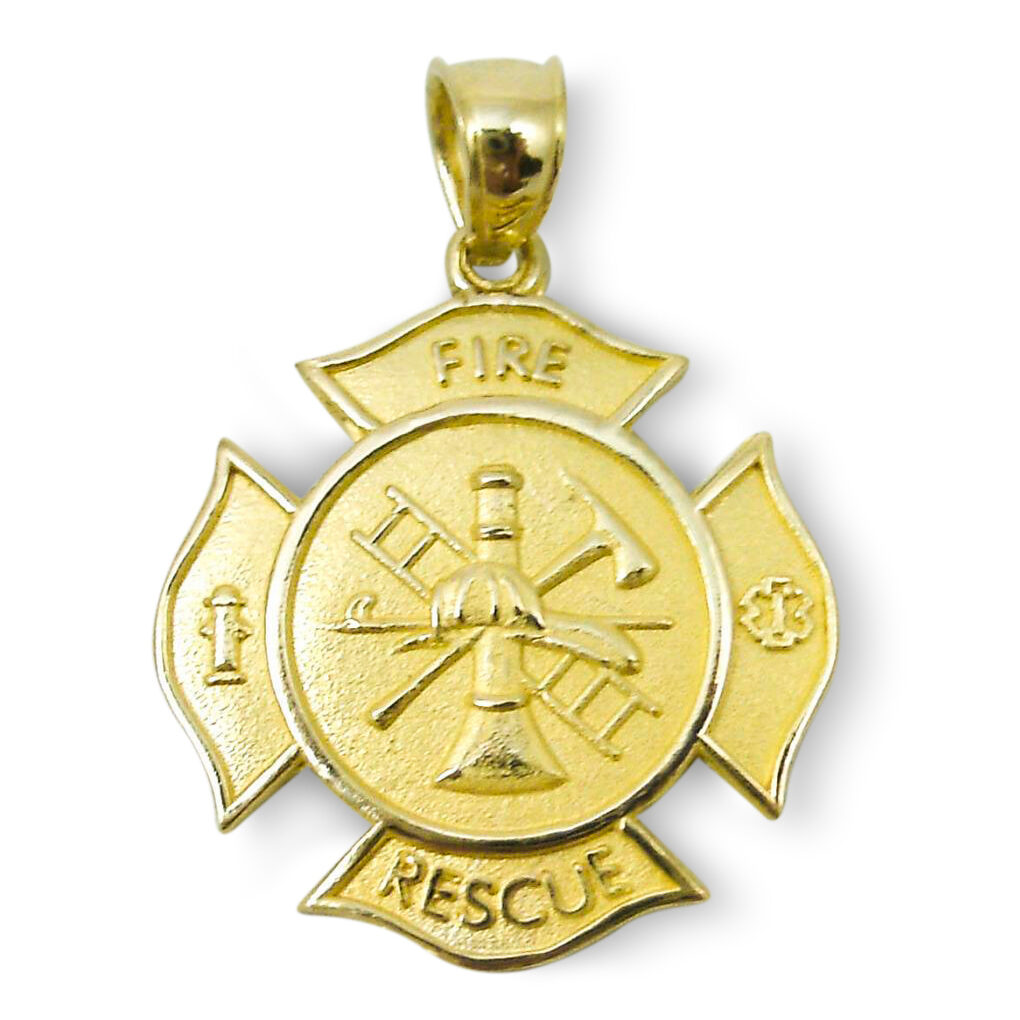 Solid 14K Yellow Gold Firefighter Charm Fire Department Rescue Pendant