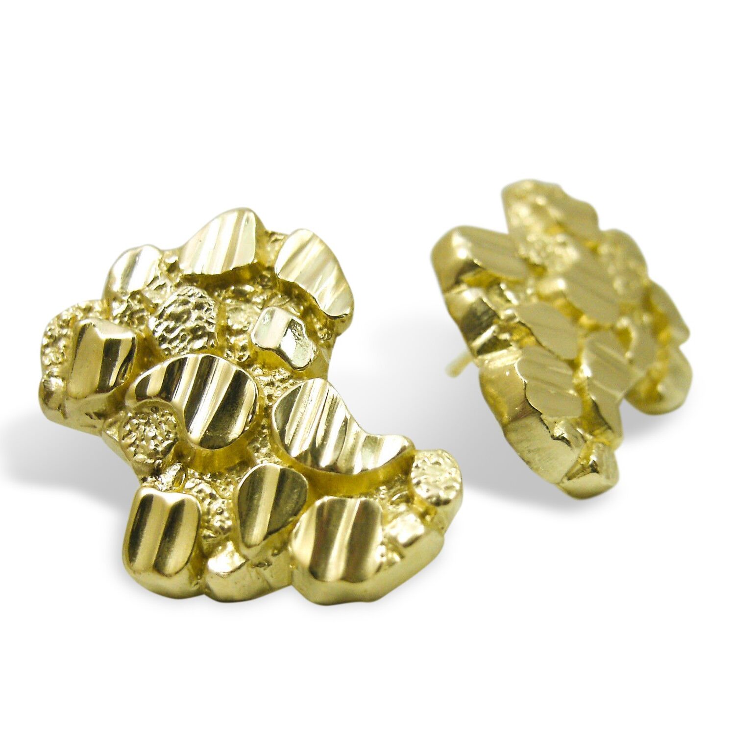 Solid 14K Yellow Gold Thick Earrings Diamond Cut Mens Nugget Earrings