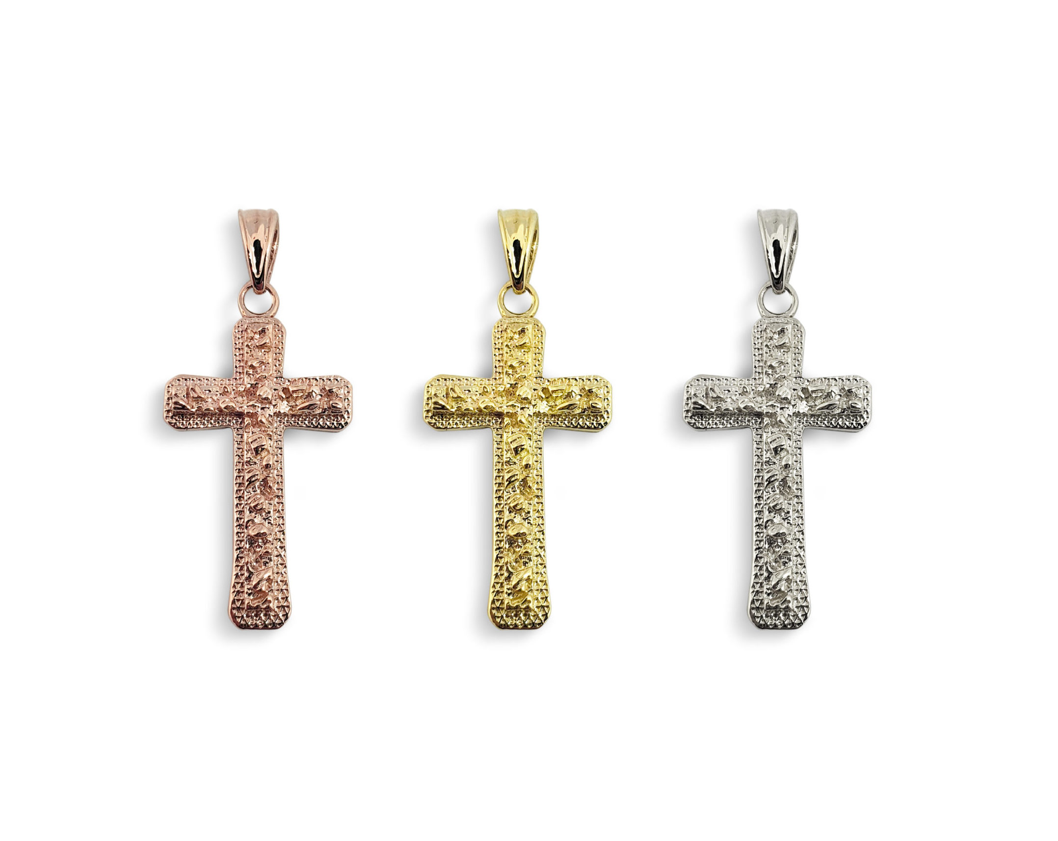 Solid 18K Yellow White or Rose Gold Cross Medal Small Gold Nugget Cross  Pendant, 7/8
