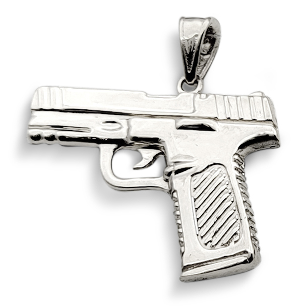 Solid 18K White Gold 9mm Pistol Pendant, Real Gold Gun Pendant