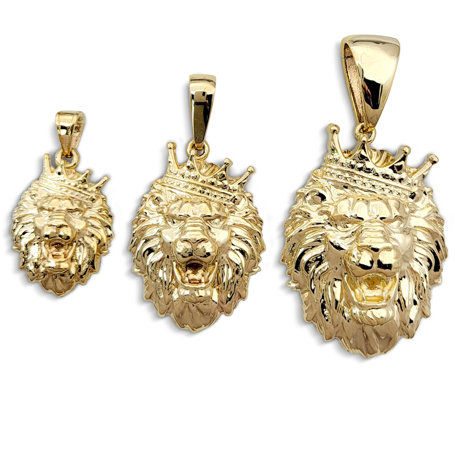 Real 14K Yellow Gold Lion Pendant Crooked Tilted Crown, 3 Sizes, Leo King Pendant