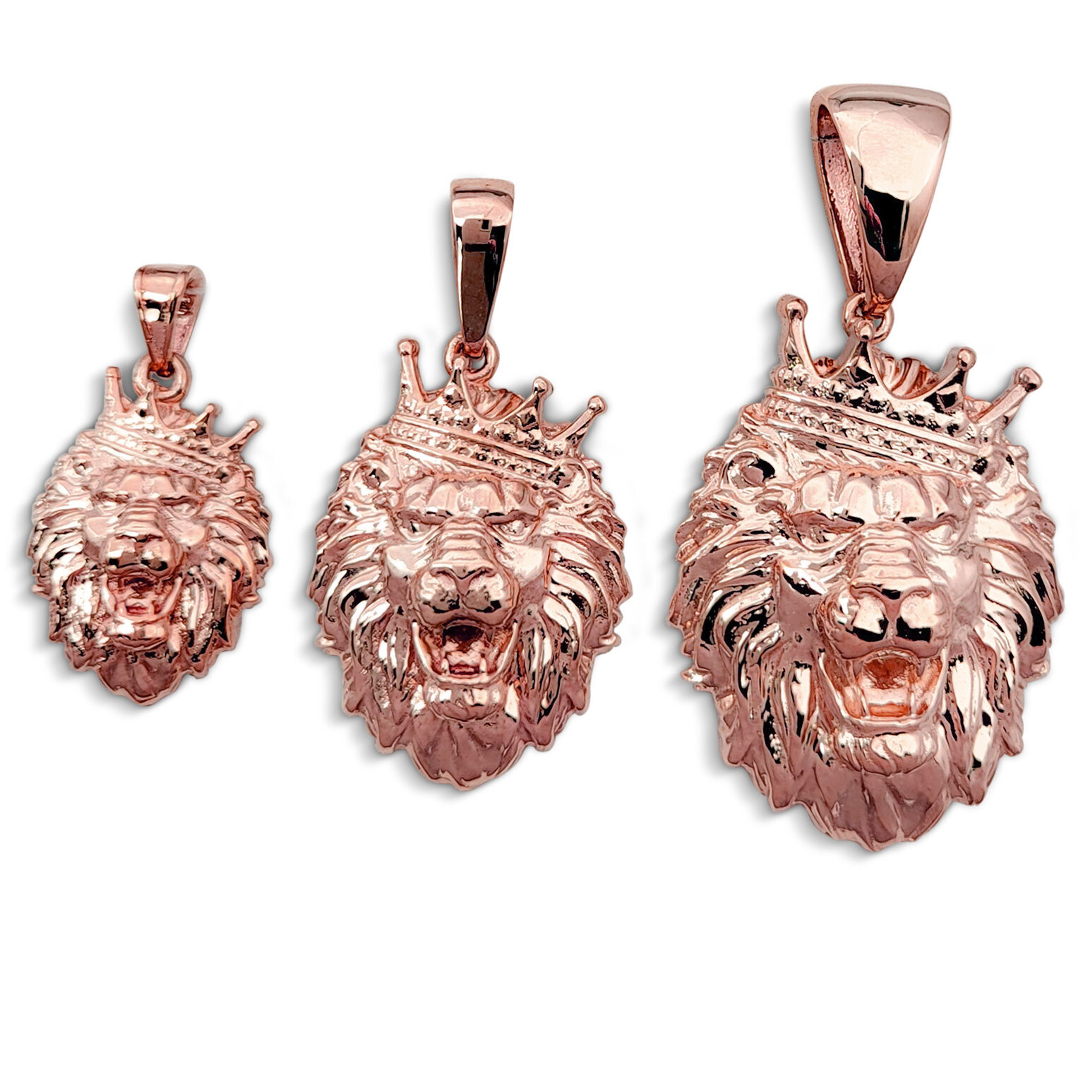 Real 18K Rose Gold Lion Pendant Crooked Tilted Crown, 3 Sizes, Leo King Pendant