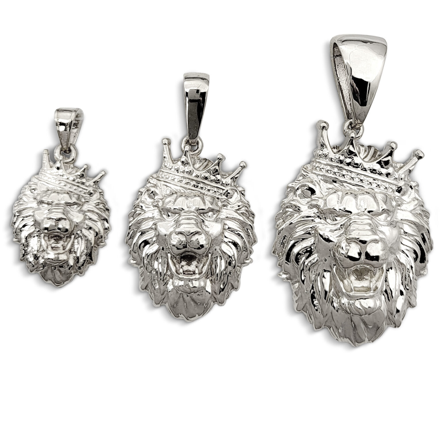 Real 18K White Gold Lion Pendant Crooked Tilted Crown, 3 Sizes, Leo King Pendant