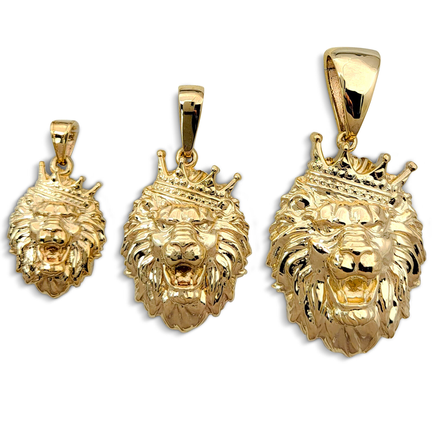 Real 18K Yellow Gold Lion Pendant Crooked Tilted Crown, 3 Sizes, Leo King Pendant