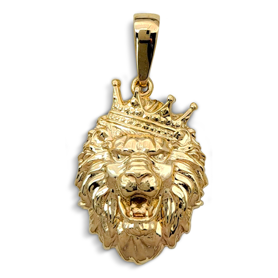 Real 18K Yellow Gold Lion Pendant Crooked Tilted Crown, 3 Sizes, Leo King Pendant