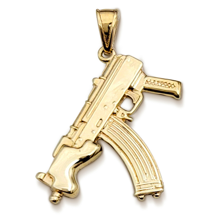 Solid 18K Yellow Gold Mini Draco Pistol, Real Gold Gun Pendant AK-47