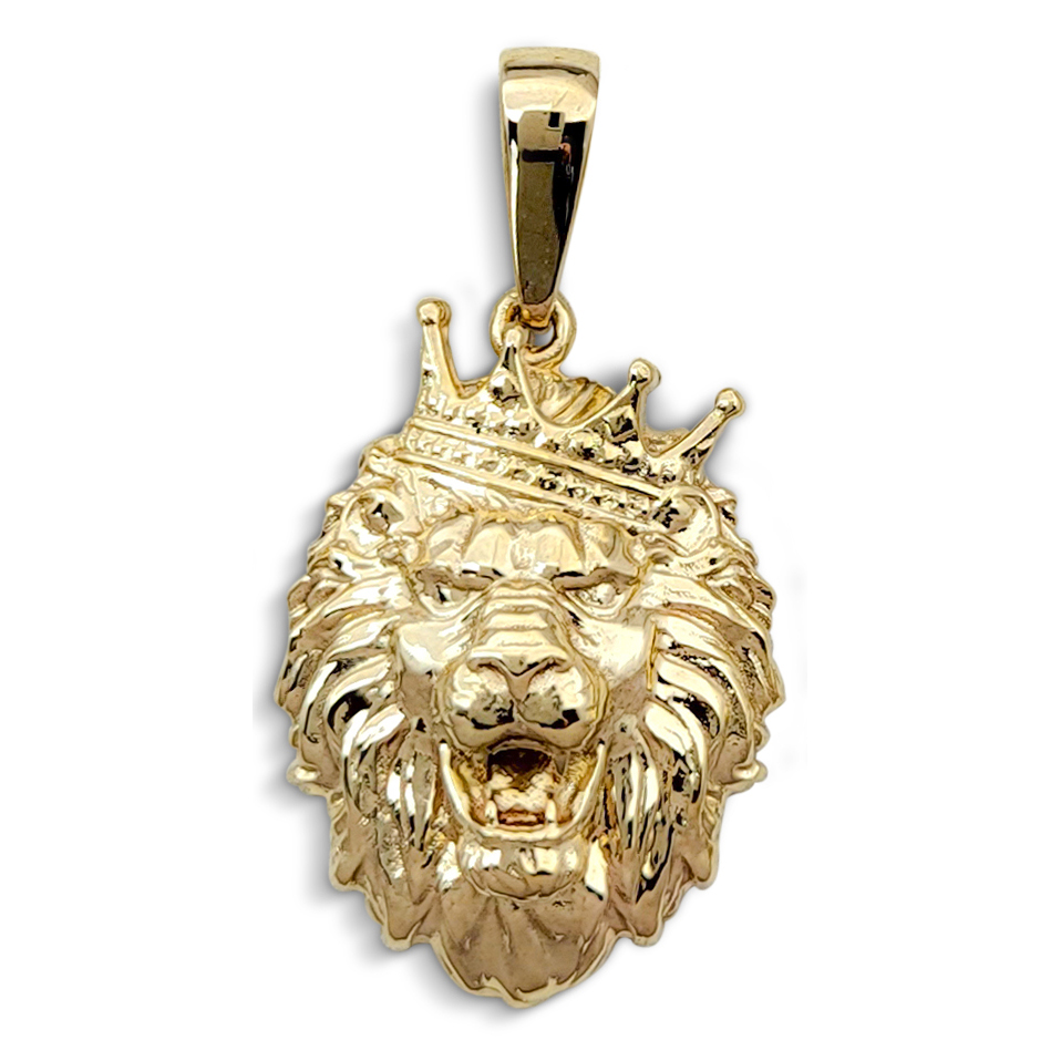 Real 10K Yellow Gold Lion Pendant Crooked Tilted Crown, 3 Sizes, Leo King Pendant