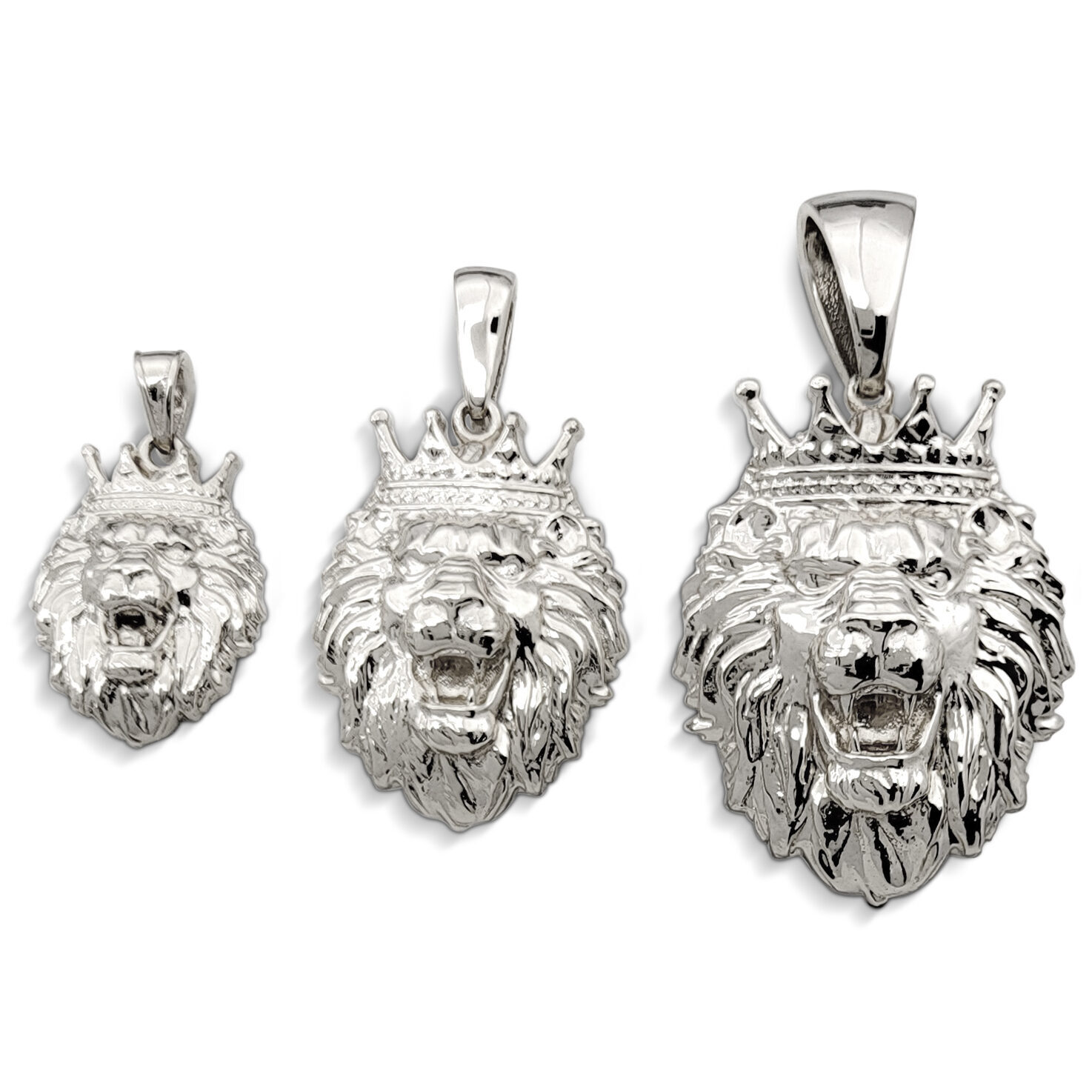 Real 18K White Gold Lion Pendant with Crown, 3 Sizes, Leo King Pendant