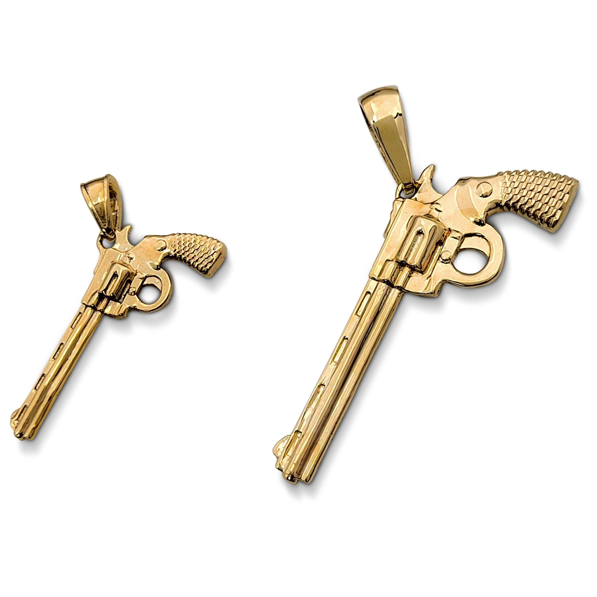 Solid 18K Yellow Gold Revolver Pistol Pendant, Six Shooter Real Gold Gun Pendant