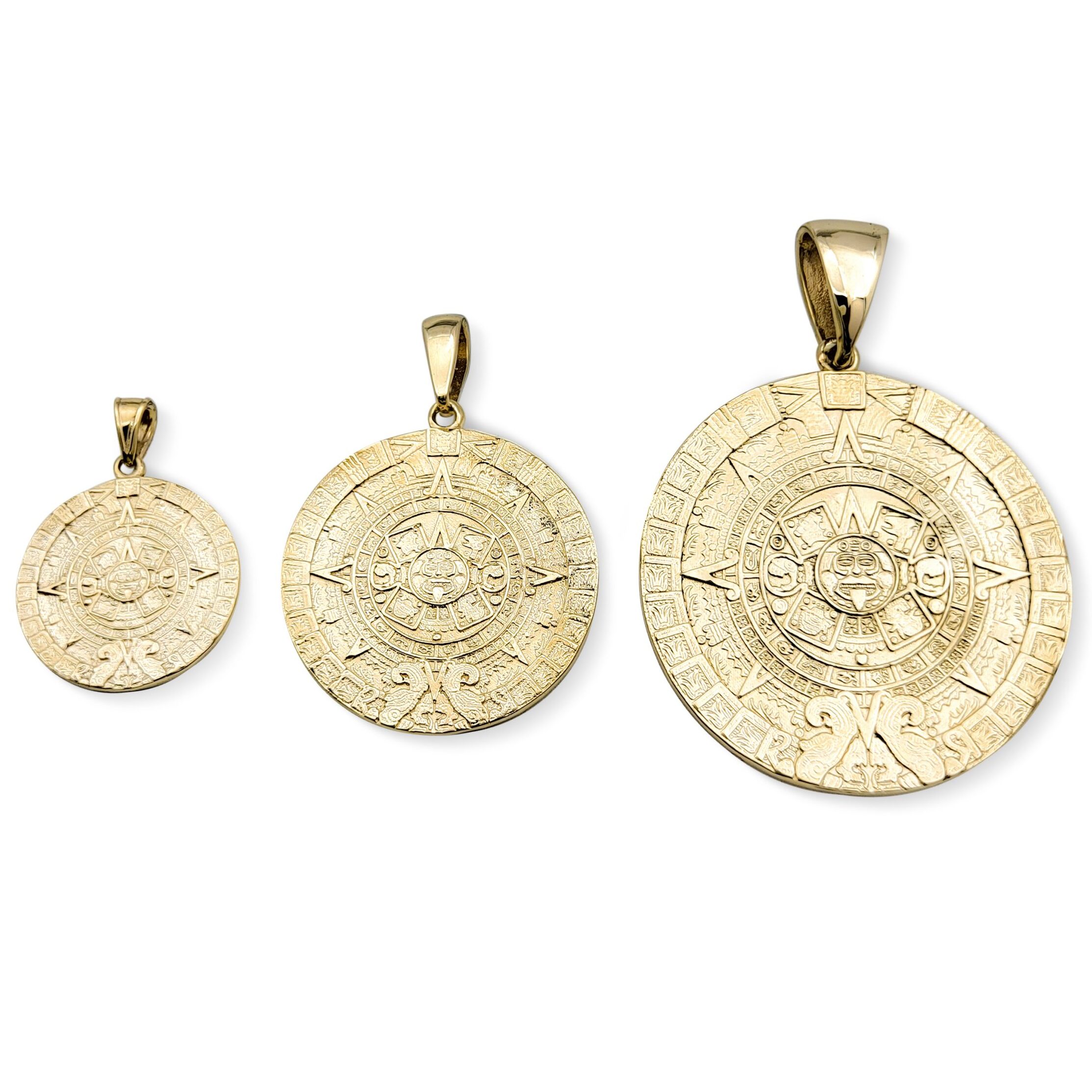 Real 18K Yellow Gold Aztec Mayan Calendar Pendant 3 Sizes Calendario Charm
