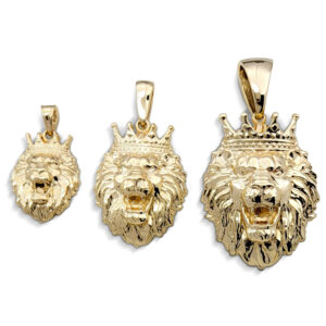 Real 14K Yellow Gold Lion Pendant with Crown, 3 Sizes, Leo King Pendant