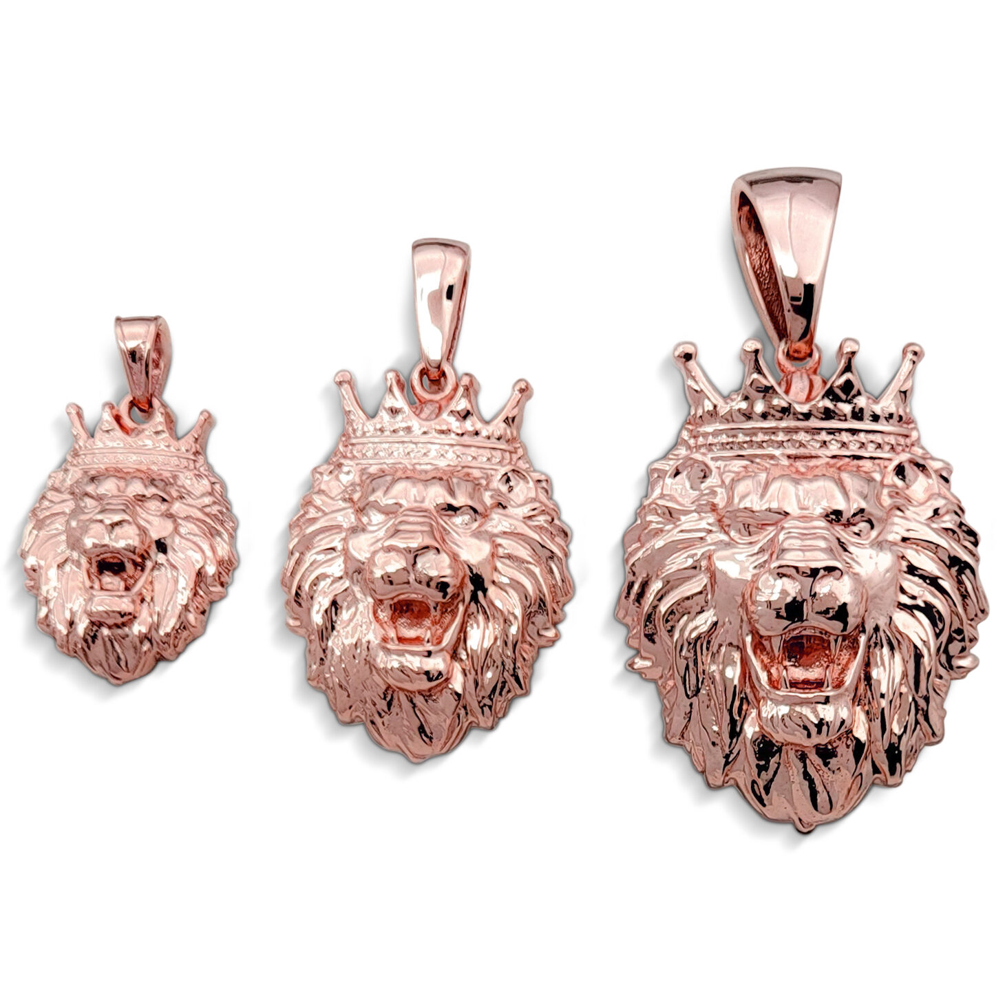 Real 18K Rose Gold Lion Pendant with Crown, 3 Sizes, Leo King Pendant