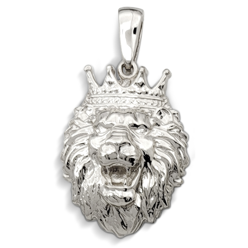 Real 14K White Gold Lion Pendant with Crown, 3 Sizes, Leo King Pendant