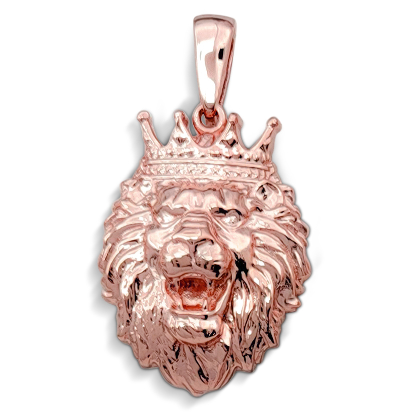 Real 18K Rose Gold Lion Pendant with Crown, 3 Sizes, Leo King Pendant