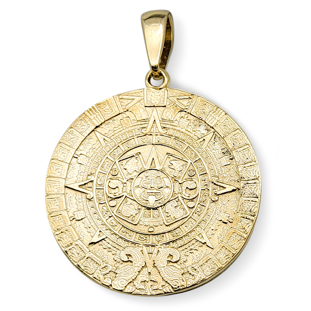 Real 18K Yellow Gold Aztec Mayan Calendar Pendant 3 Sizes Calendario Charm