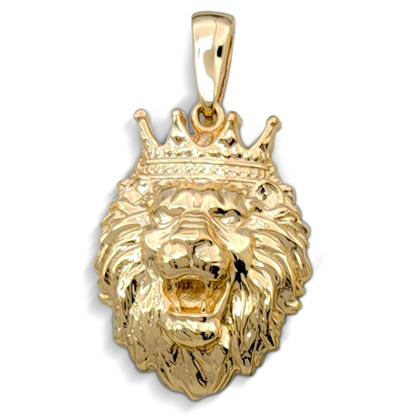 Real 18K Yellow Gold Lion Pendant with Crown, 3 Sizes, Leo King Pendant
