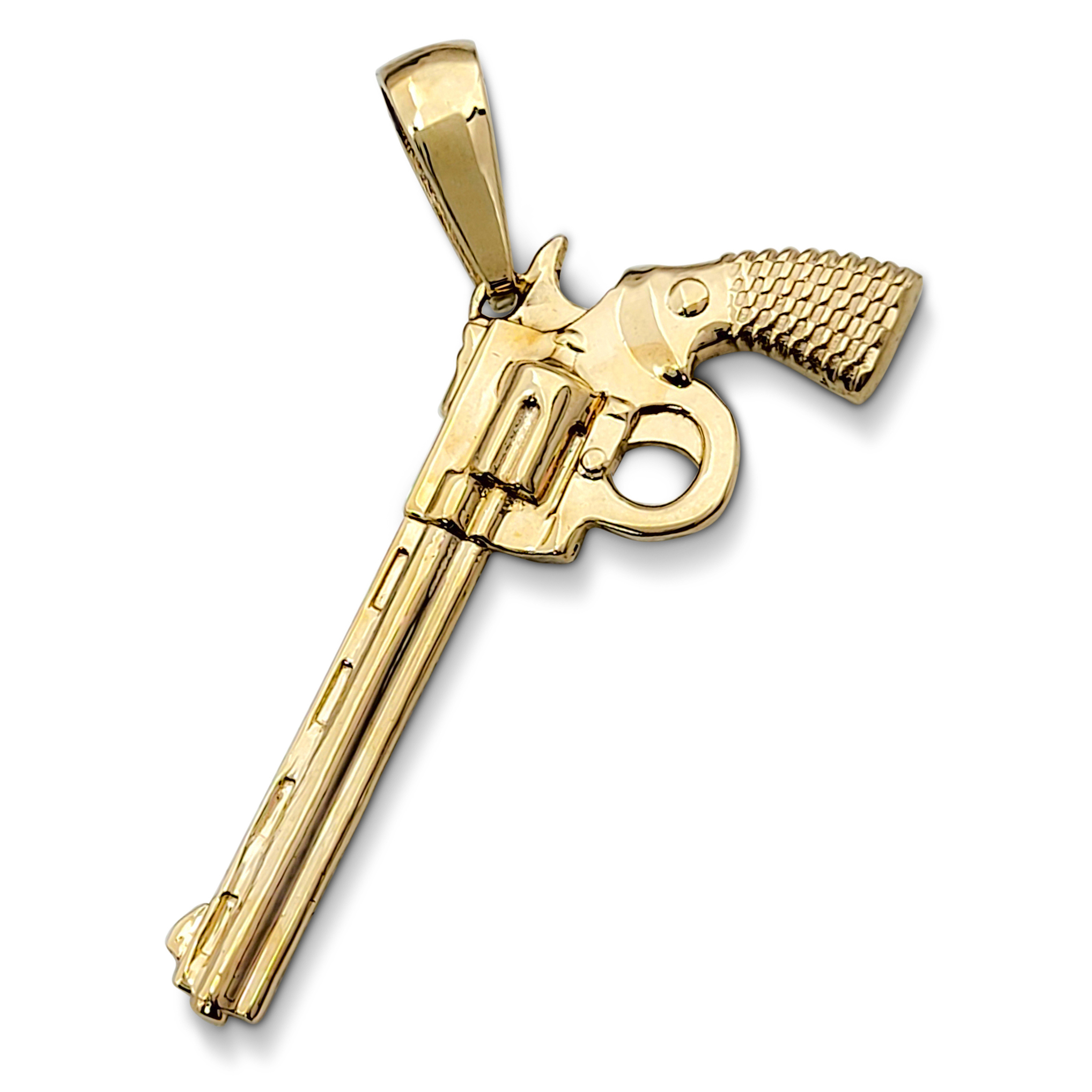 Solid 14K Yellow Gold Revolver Pistol Pendant, Six Shooter Real Gold Gun Pendant