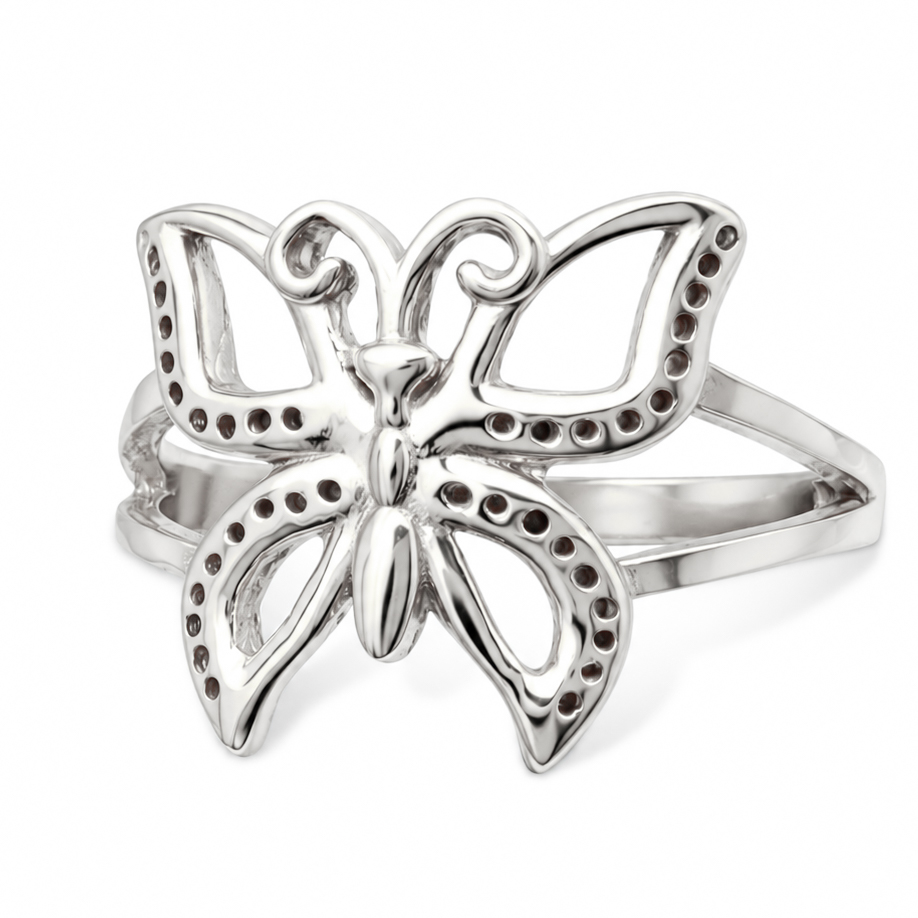 Solid 10K White Gold Butterfly Ring Large Pierced Butterfly, Size 3 - 12
