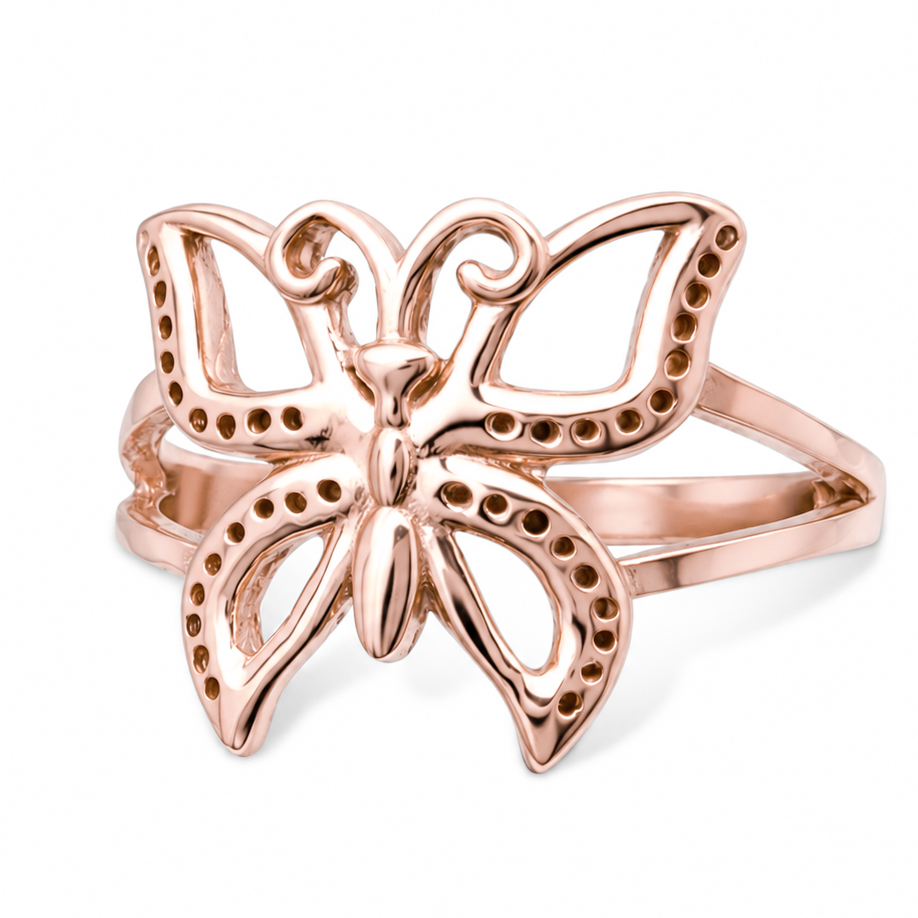 Solid 18K Rose Gold Butterfly Ring Large Pierced Butterfly, Size 3 - 12