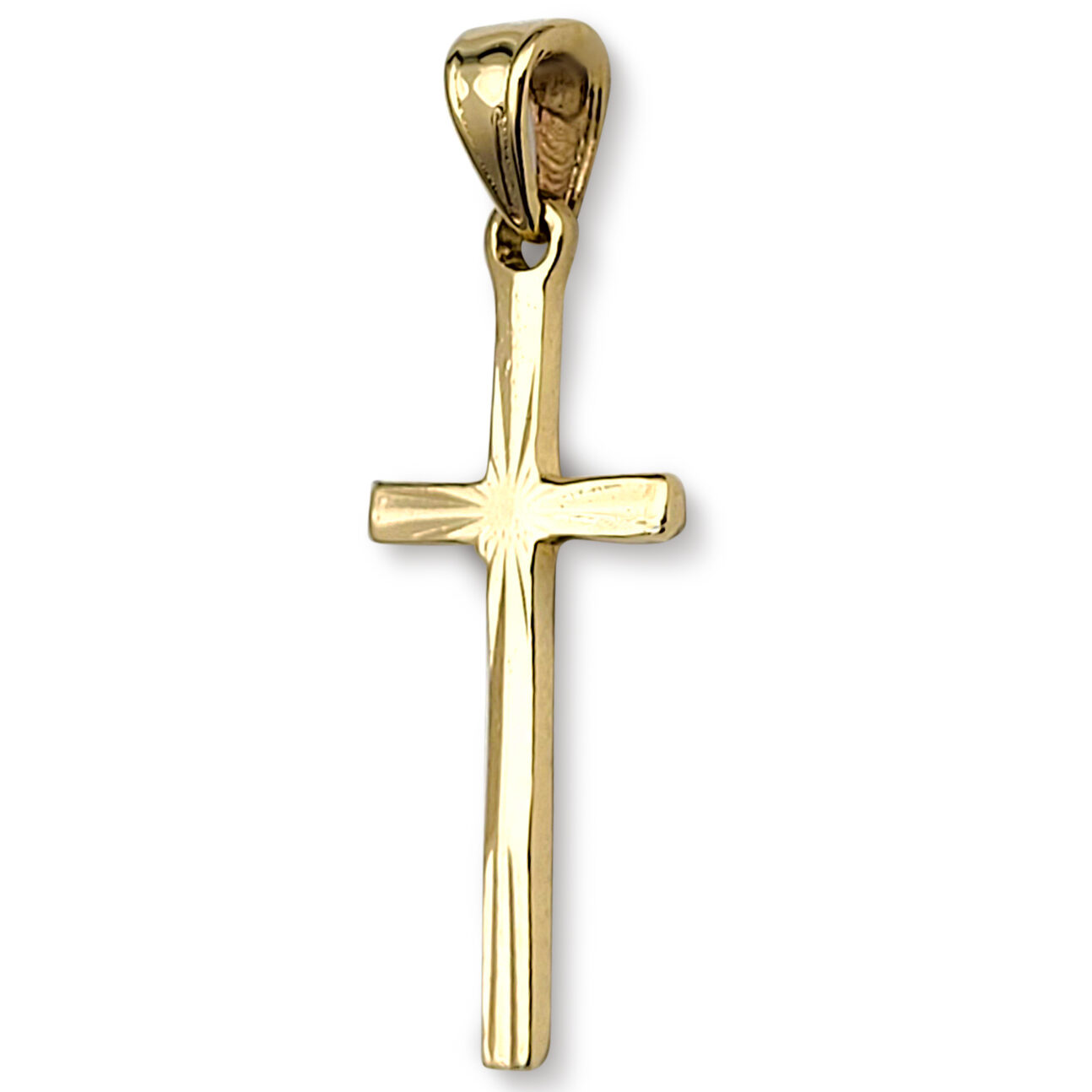 Solid 18K Yellow Gold Classic Handmade Starburst Gold Cross Pendant, 0.9" long
