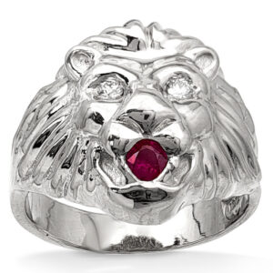 Real 10K White Gold Mens Lion Ring Diamond Eyes Ruby Mouth Size 5 - 15
