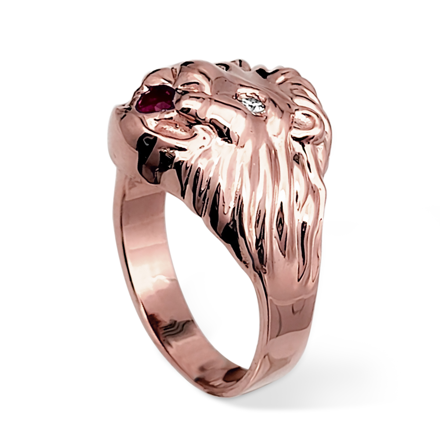 Real 18K Rose Gold Mens Lion Ring Diamond Eyes Ruby Mouth Size 5