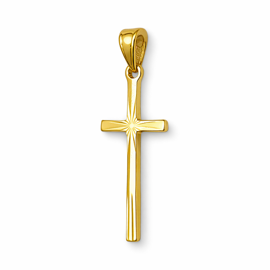Solid 18K Yellow Gold Classic Handmade Starburst Gold Cross Pendant, 0.9" long