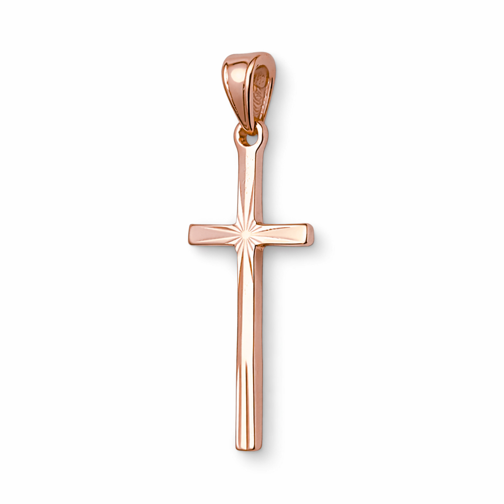 Solid 18K Rose Gold Classic Handmade Starburst Gold Cross Pendant, 0.9" long