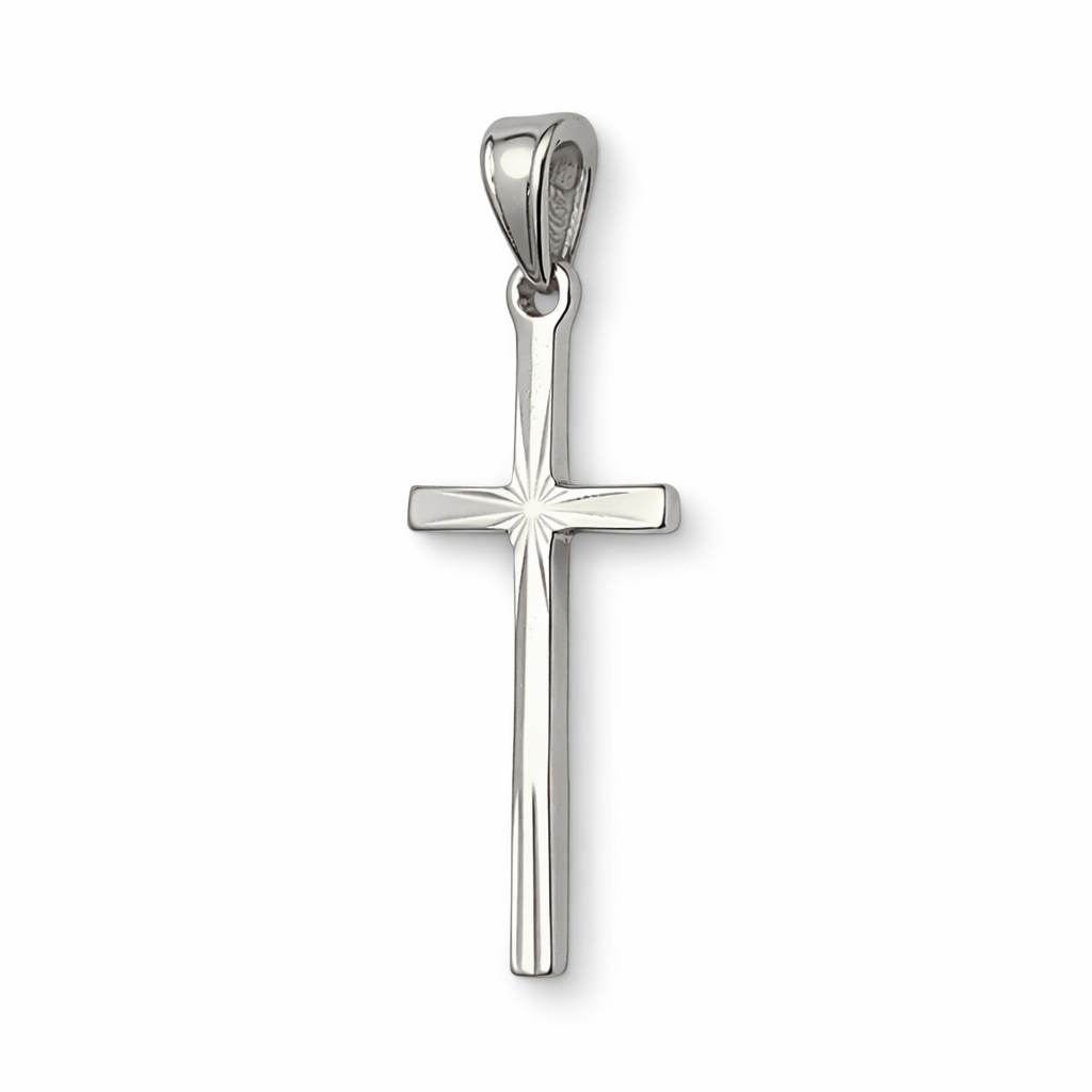 Solid 14K White Gold Classic Handmade Starburst Gold Cross Pendant, 0.9" long