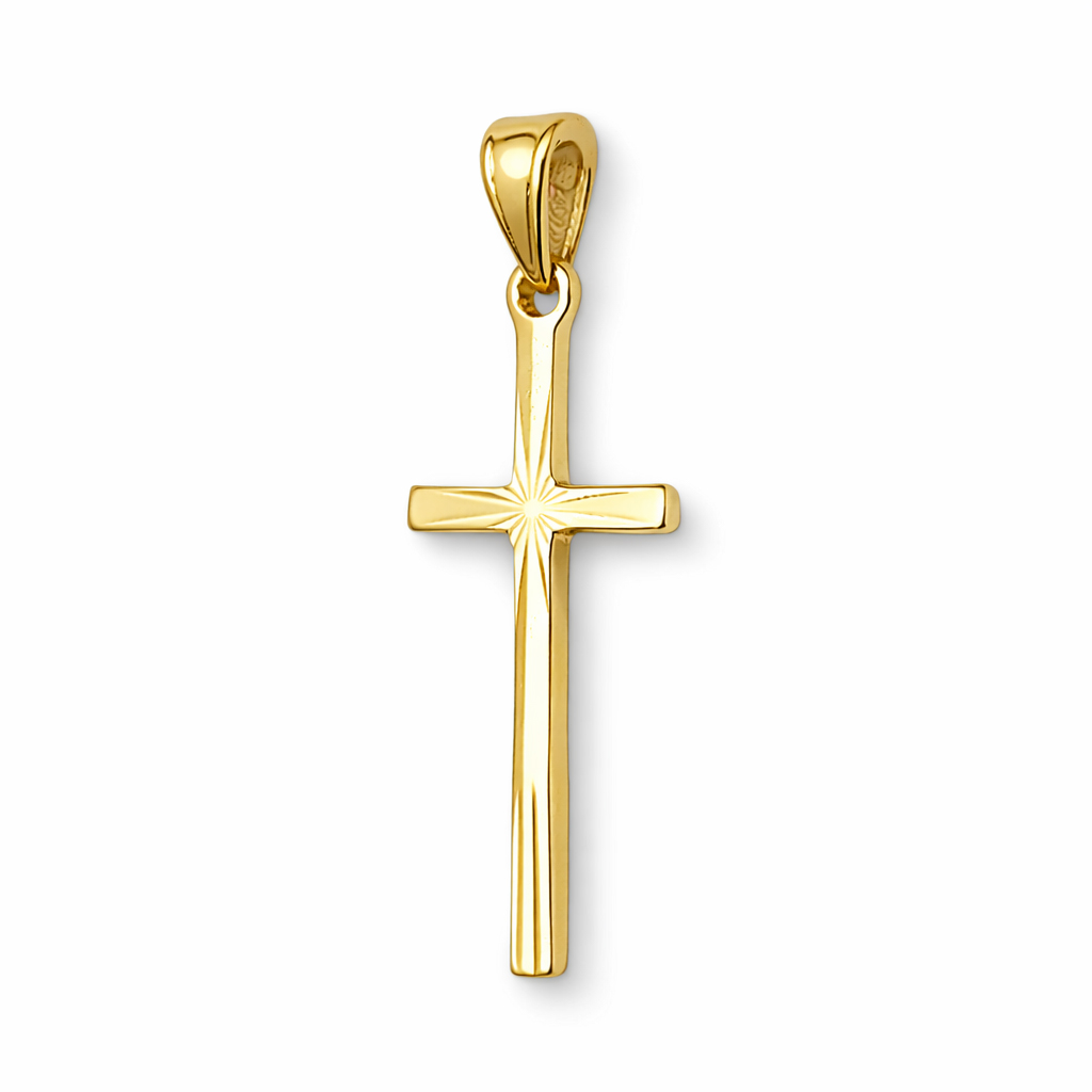 Solid 10K Yellow Gold Classic Handmade Starburst Gold Cross Pendant, 0.9" long