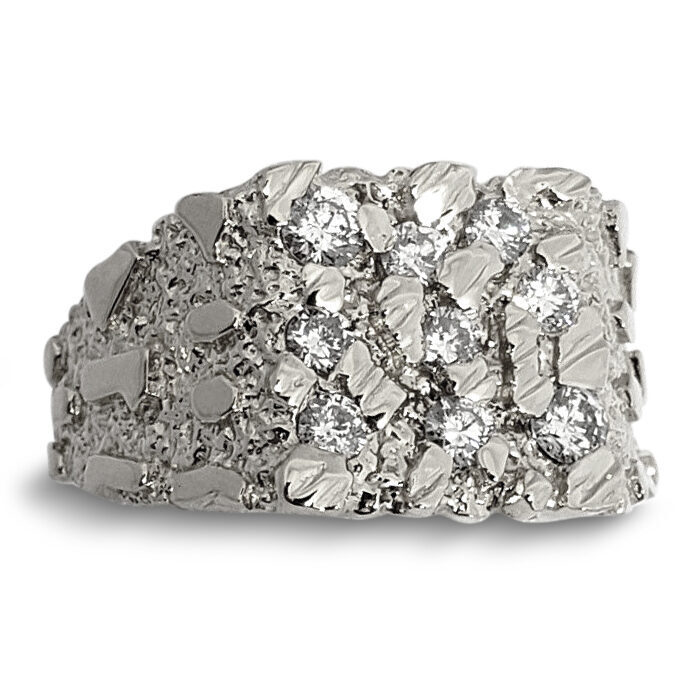 Real 14K White Gold 0.62 Carat Diamond Mens Nugget Ring (Natural or Lab), Size 5 - 15