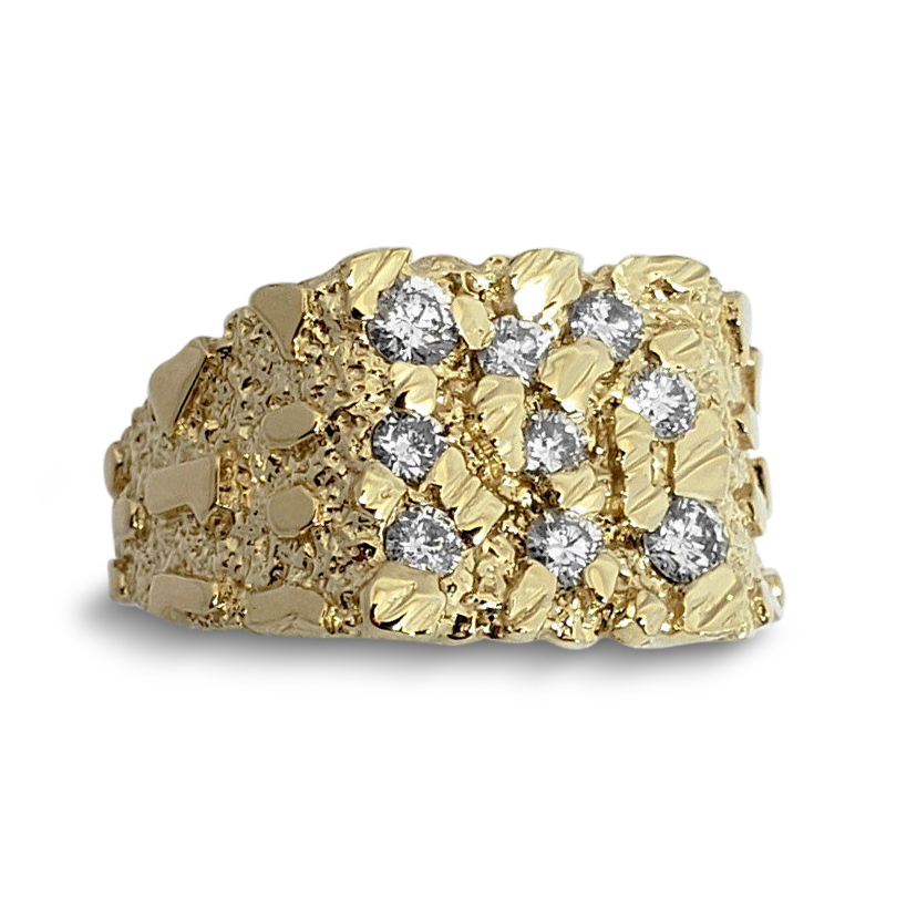 Real 10K Yellow Gold 0.62 Carat Diamond Mens Nugget Ring (Natural or Lab), Size 5 - 15