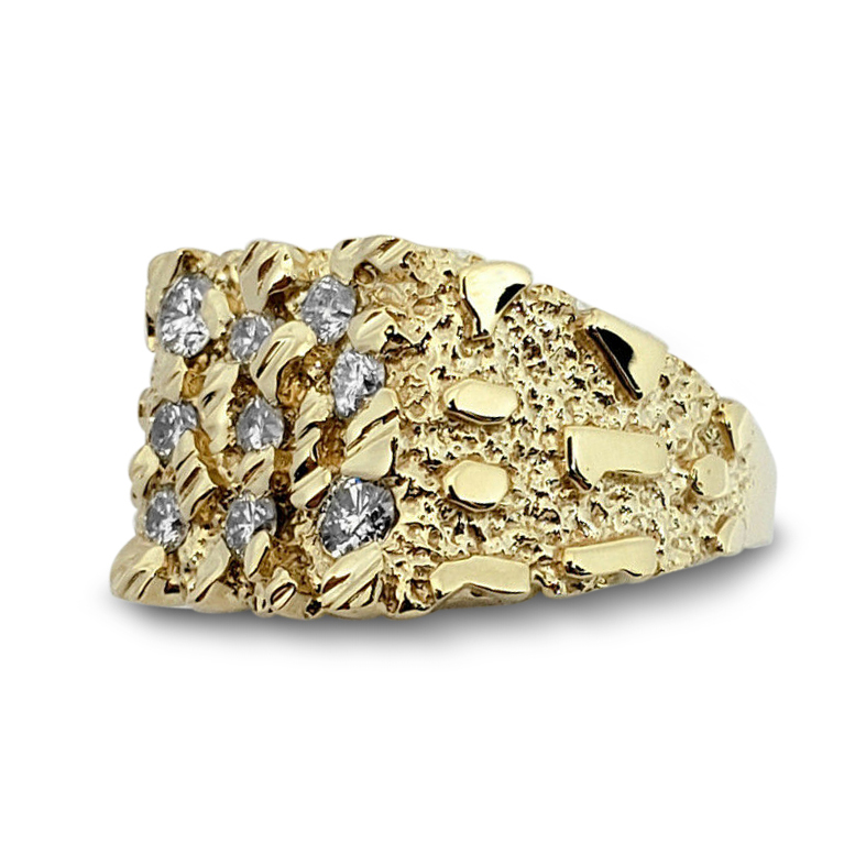 Real 14K Yellow Gold 0.62 Carat Diamond Mens Nugget Ring (Natural
