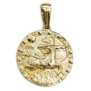 Real 18K Yellow Gold Sagittarius Pendant, Zodiac Sign Coin Pendant Astrology Jewelry
