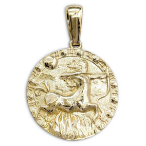 Real 14K Yellow Gold Sagittarius Pendant, Zodiac Sign Coin Pendant Astrology Jewelry
