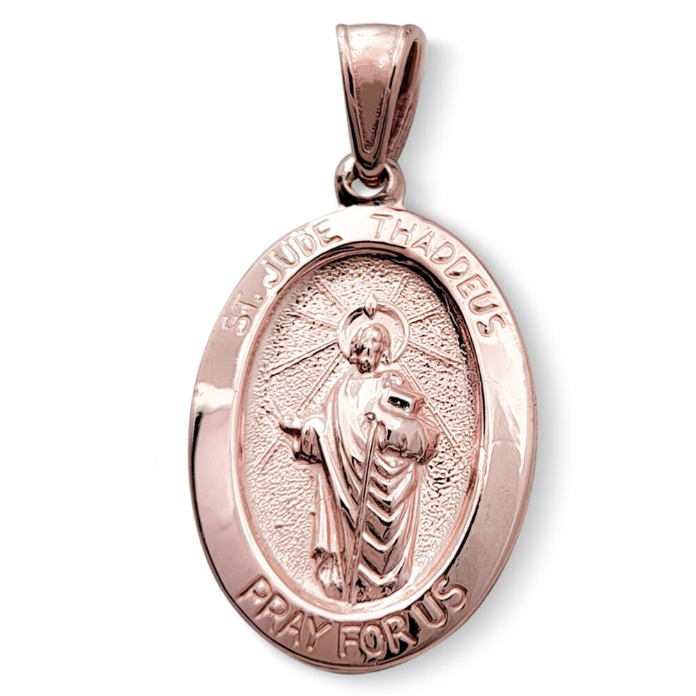 Solid 10K Rose Gold St. Jude Thaddeus Pendant, 3/4" or 7/8", Oval Patron Saint Medal