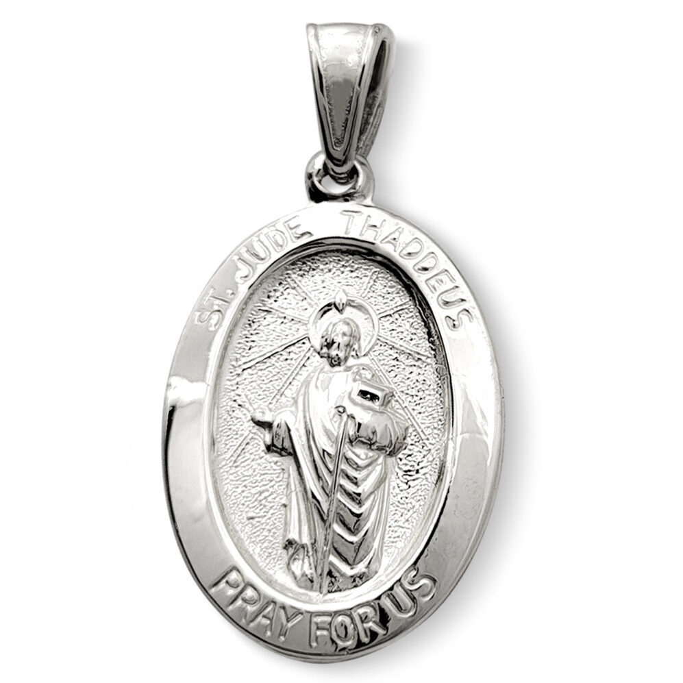 Solid 18K White Gold St. Jude Thaddeus Pendant, 3/4" or 7/8", Oval Patron Saint Medal