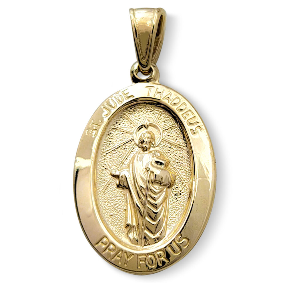 Solid 18K Yellow Gold St. Jude Thaddeus Pendant, 3/4" or 7/8", Oval Patron Saint Medal